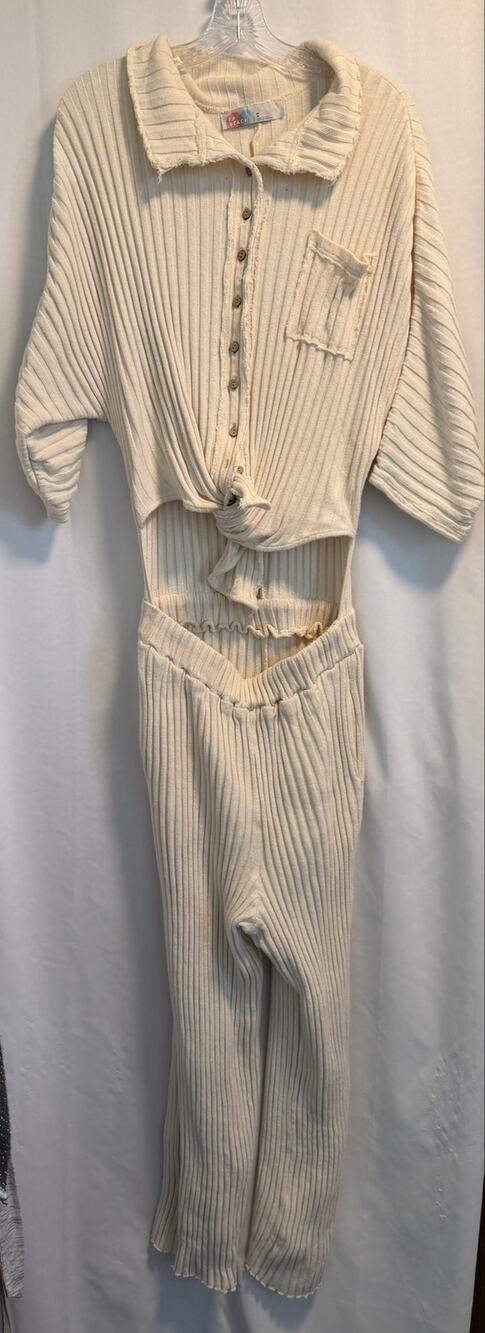 FP Beach 100% Cotton Ribbed Tie Button Jumpsuit Wide Leg Cream-M